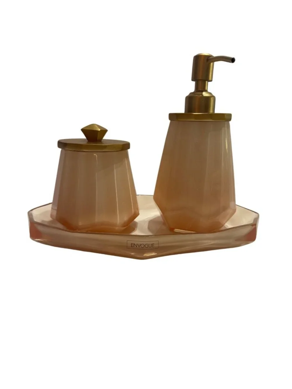Envogue Peach Gold 3 Piece Bathroom Set Soap Dispenser Tray Storage Jar